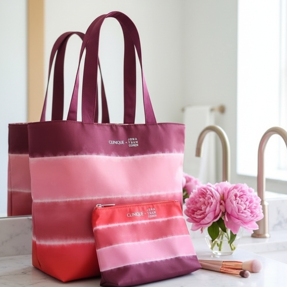 Clinique Pink and Purple Women's Tote Bag Set
